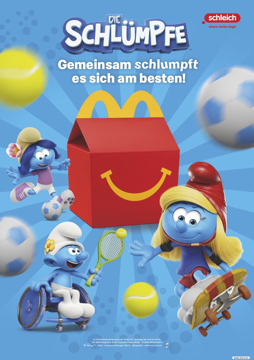 Affiche verticale Schtroumpfs et McDonald’s Happy Meal avec boîte Happy Meal et personnages