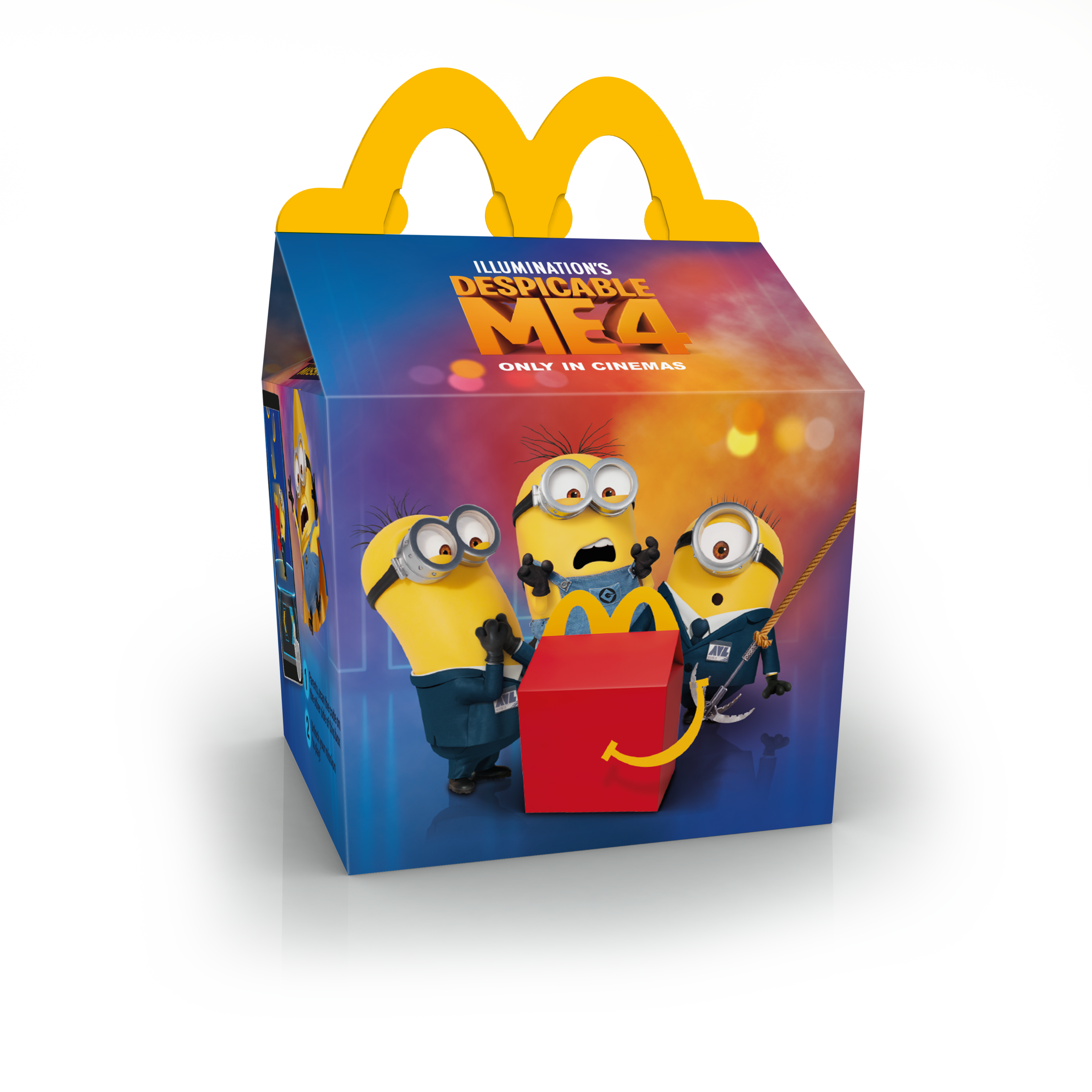 Happy meal packaging with the minions and a Happy Meal box with no smile