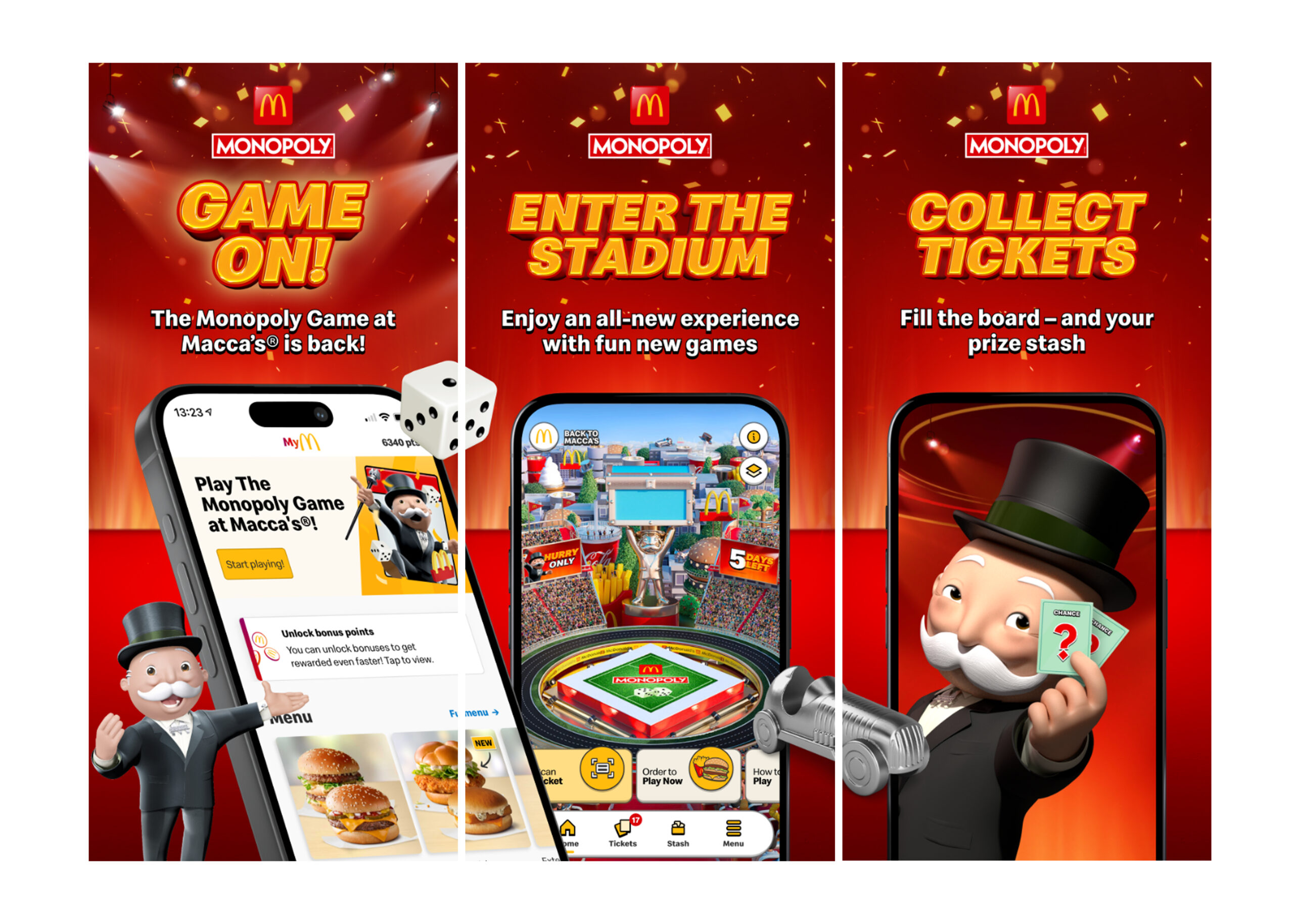 Affiche McDonald’s Monopoly avec Mr Monopoly et trois écrans de téléphone