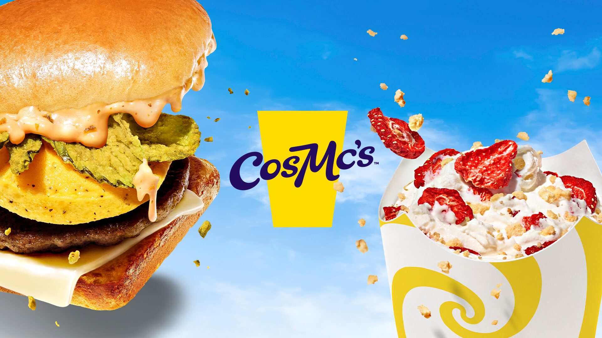 Image d’un hamburger et d’un McFlurry à côté du logo CosMc’s