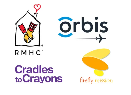 logos for Ronald McDonald House Charities (RMHC), Firefly Mission (FFM), Orbis International, and Cradles to Crayons