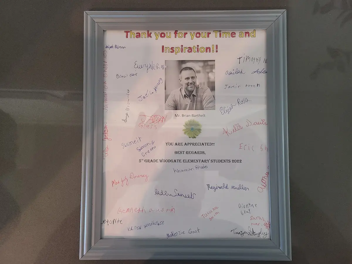 Framed thank-you note to teacher